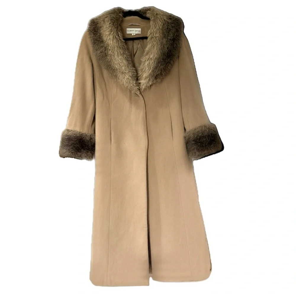 🧥 ALBERT NIPON Vintage Camel Wool Swing Coat‎ Sz 10 Faux Fur Trim Old Money - Picture 2 of 14